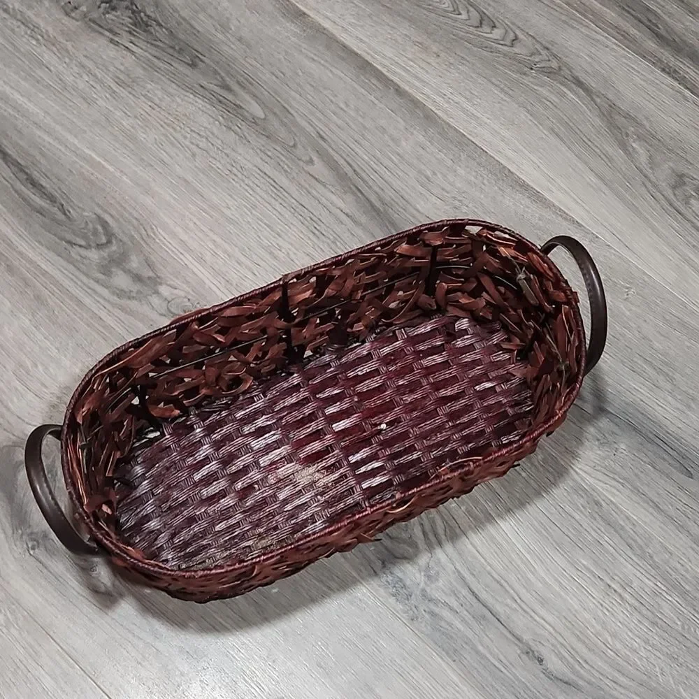 EUC Oval Long Woven & Metal Handled Basket